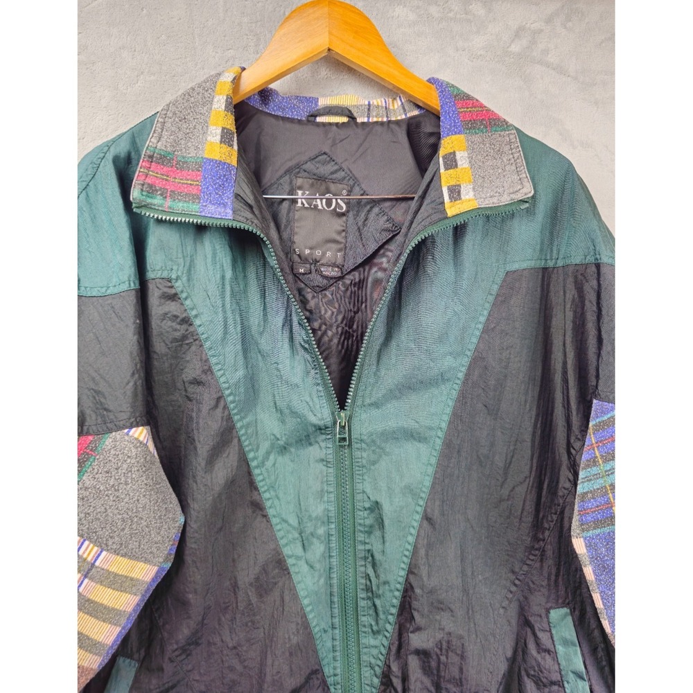 Vtg Kaos Sport Windbreaker Jacket Men Medium Black Green Patchwork Colorblock - Picture 2 of 6